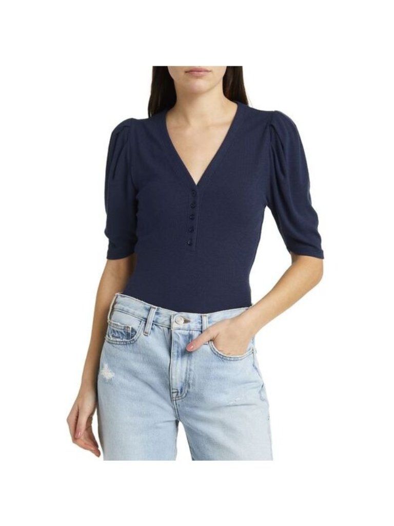 Frame Women's Rib Ruched Sleeve Henley Tee V -Neck Small Navy New With Tag
